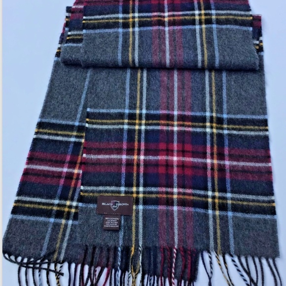 Black Brown 1826 long scarf classy gray & burgundy plaid 100%  cashmere - Picture 5 of 6